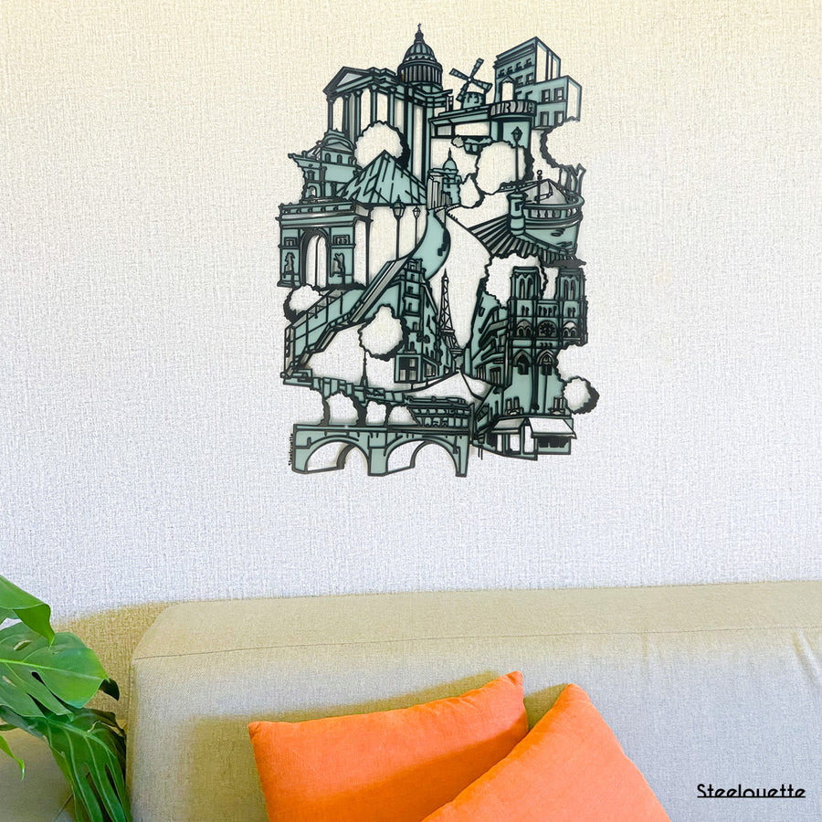 Wall hanged metal product showcasing the most famous architectural buildings of Paris city. A great gift idea and home decoration product by Steelouette.