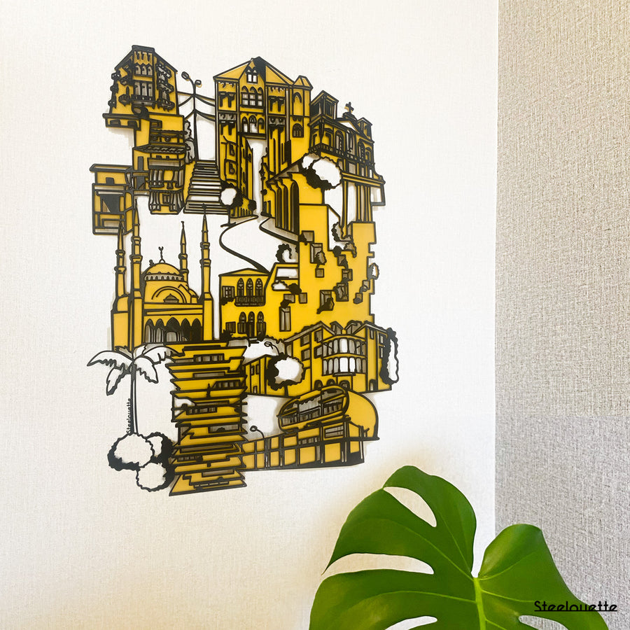 Wall hanged metal product showcasing the most famous architectural buildings of Beirut city. A great gift idea and home decoration product by Steelouette.