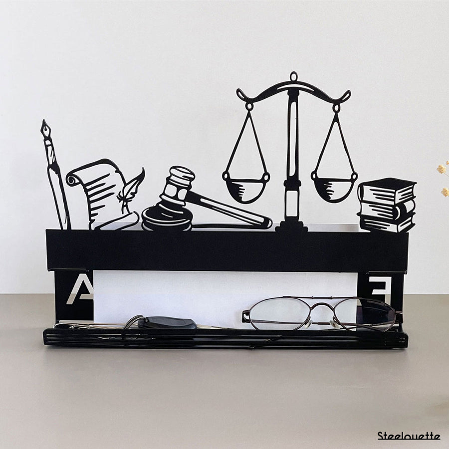 Front view of a lawyer customized gift for their office, can be used for compact belongings, created by Steelouette