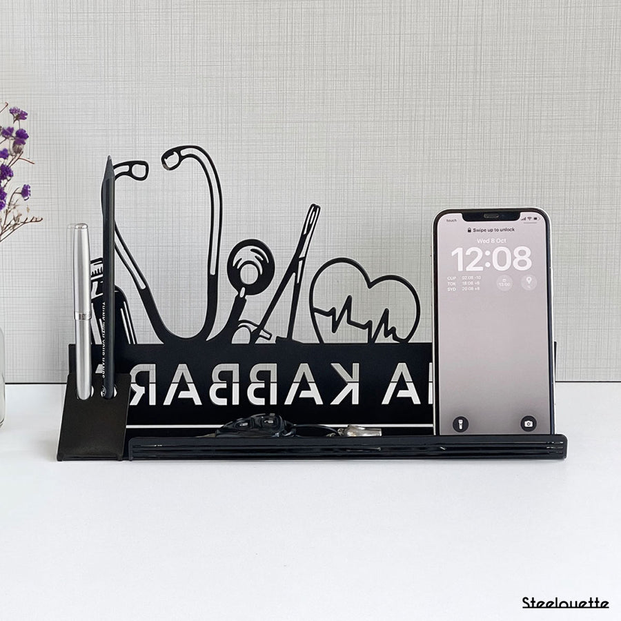 An office desk essential to gift a doctor or professor, can be used as a phone holder, pen holder, created by Steelouette