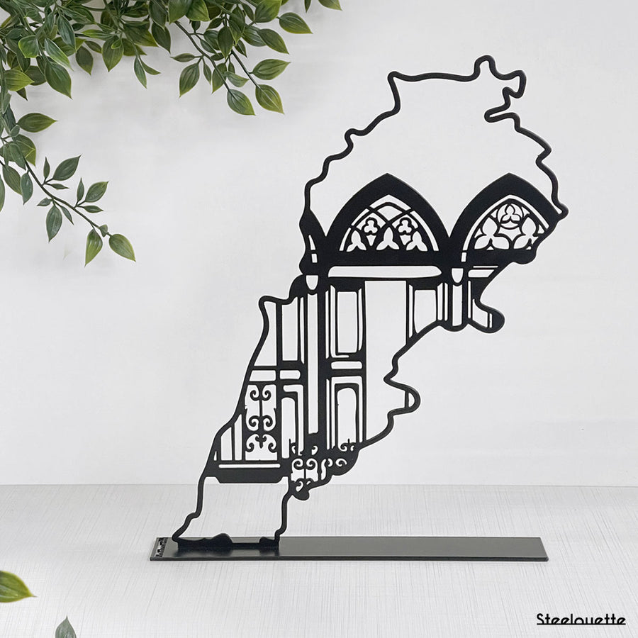 Map of Lebanon with its famous home facade design. A great gift idea and home decoration product by Steelouette.