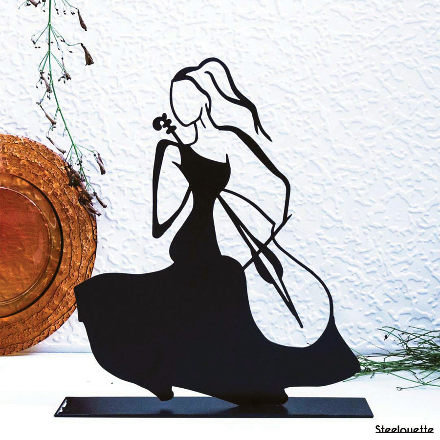 Steel decorative gift item featuring a woman playing on the cello