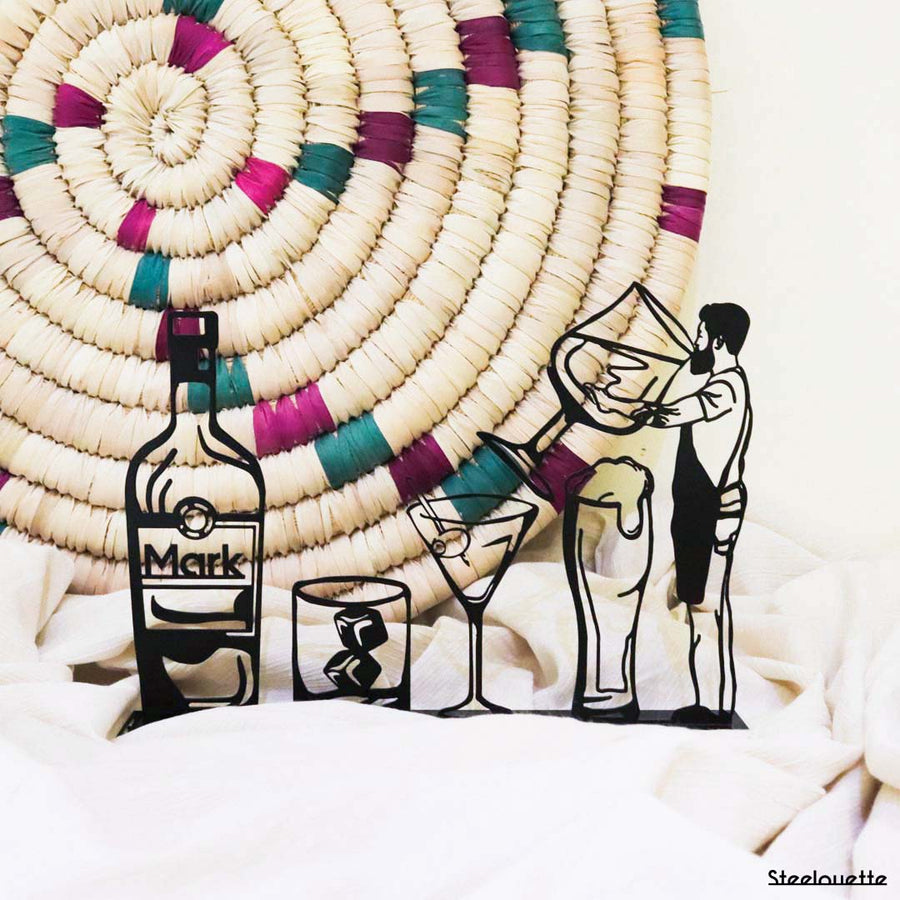 Steel decorative gift item featuring a bartender with drinks and glasses. A great gift idea and home decoration product by Steelouette.