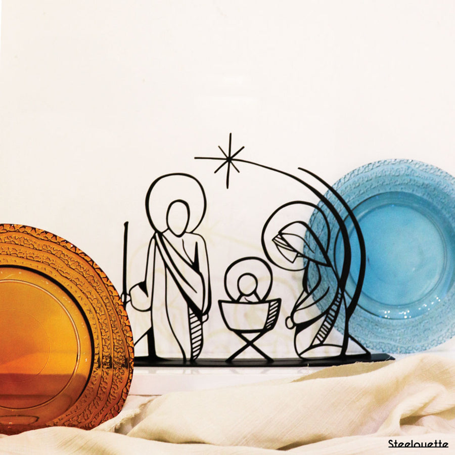 Steel decorative Christmas crib gift featuring Jesus Christ, Mary, and Joseph