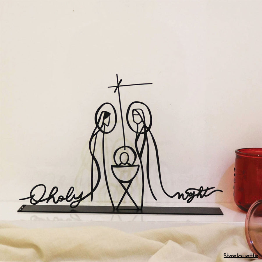 Steel decorative Christmas crib gift item featuring Jesus Christ, Mary, and Joseph