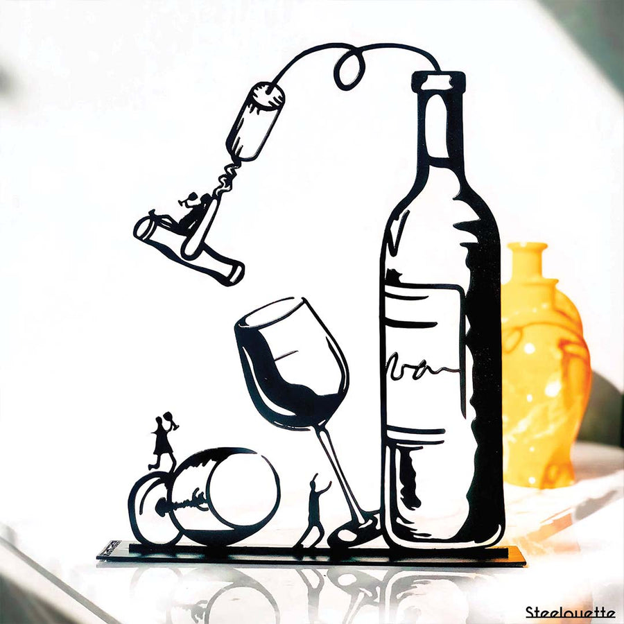 Steel decorative gift item featuring a wine bottle and two glasses. A great gift idea and home decoration product by Steelouette.