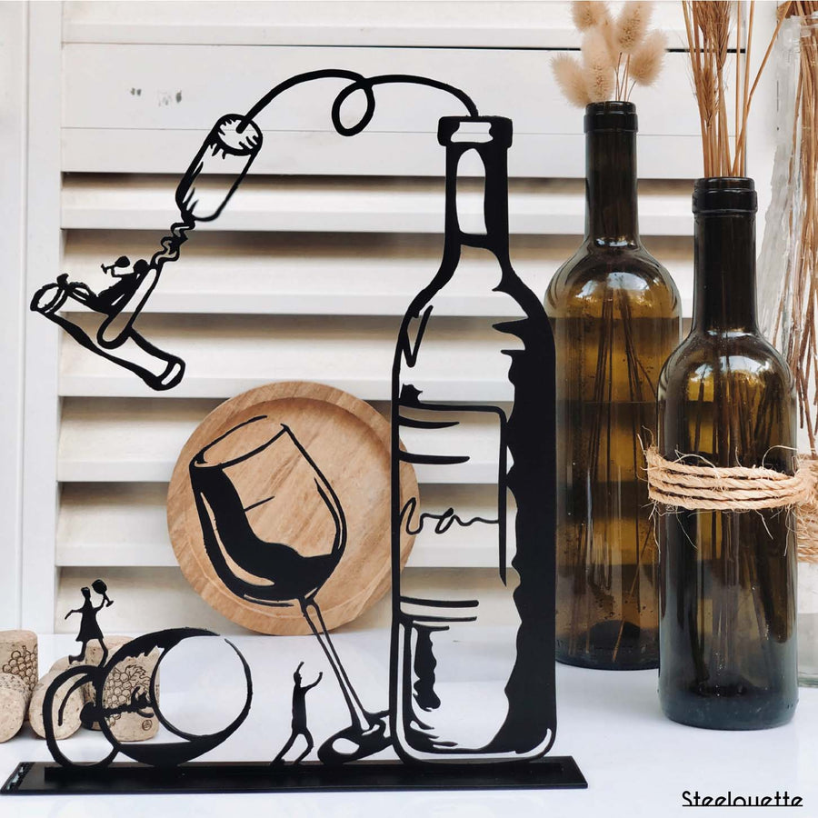 Steel decorative gift item featuring a wine bottle and two glasses. A great gift idea and home decoration product by Steelouette.