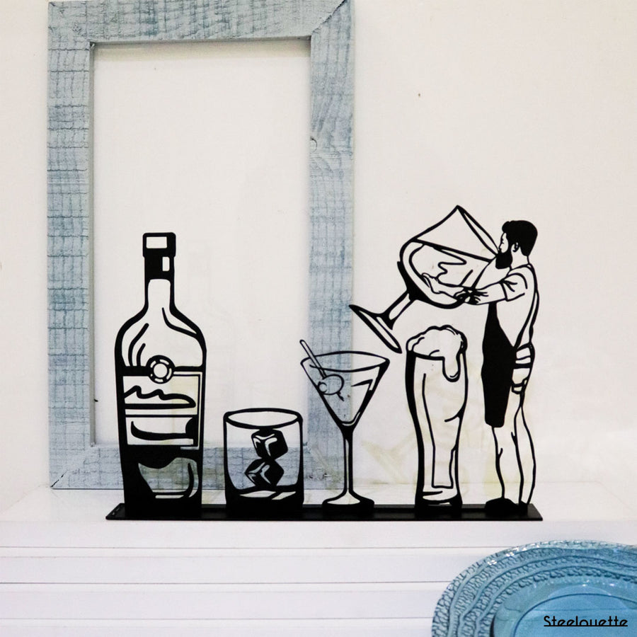 Steel decorative gift item featuring a drink, glasses, and a man