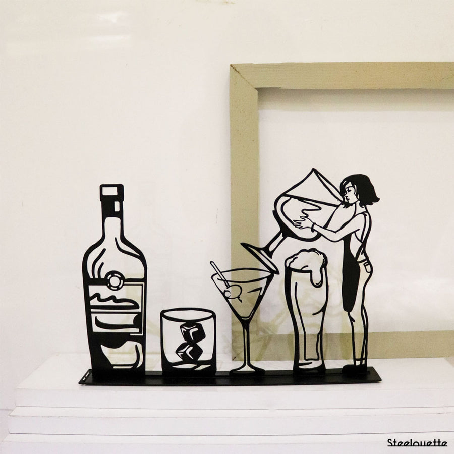 Steel decorative gift item featuring a drink, glasses, and a woman