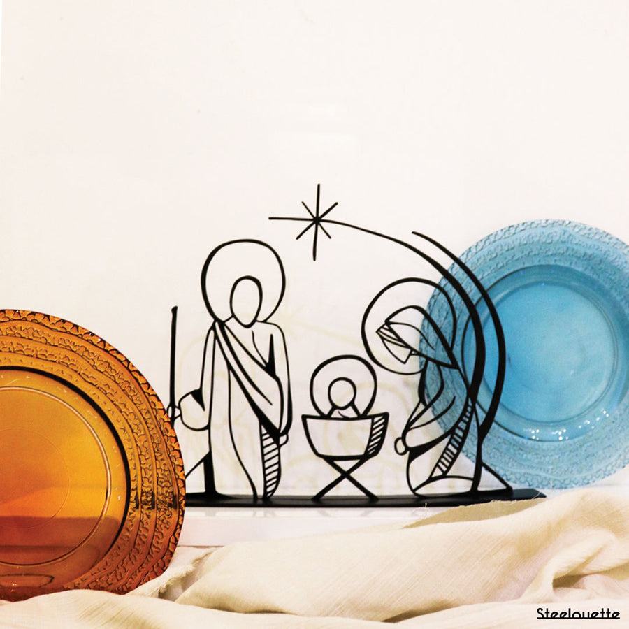 "Steel decorative gift item featuring Jesus Christ, Mary, and Joseph